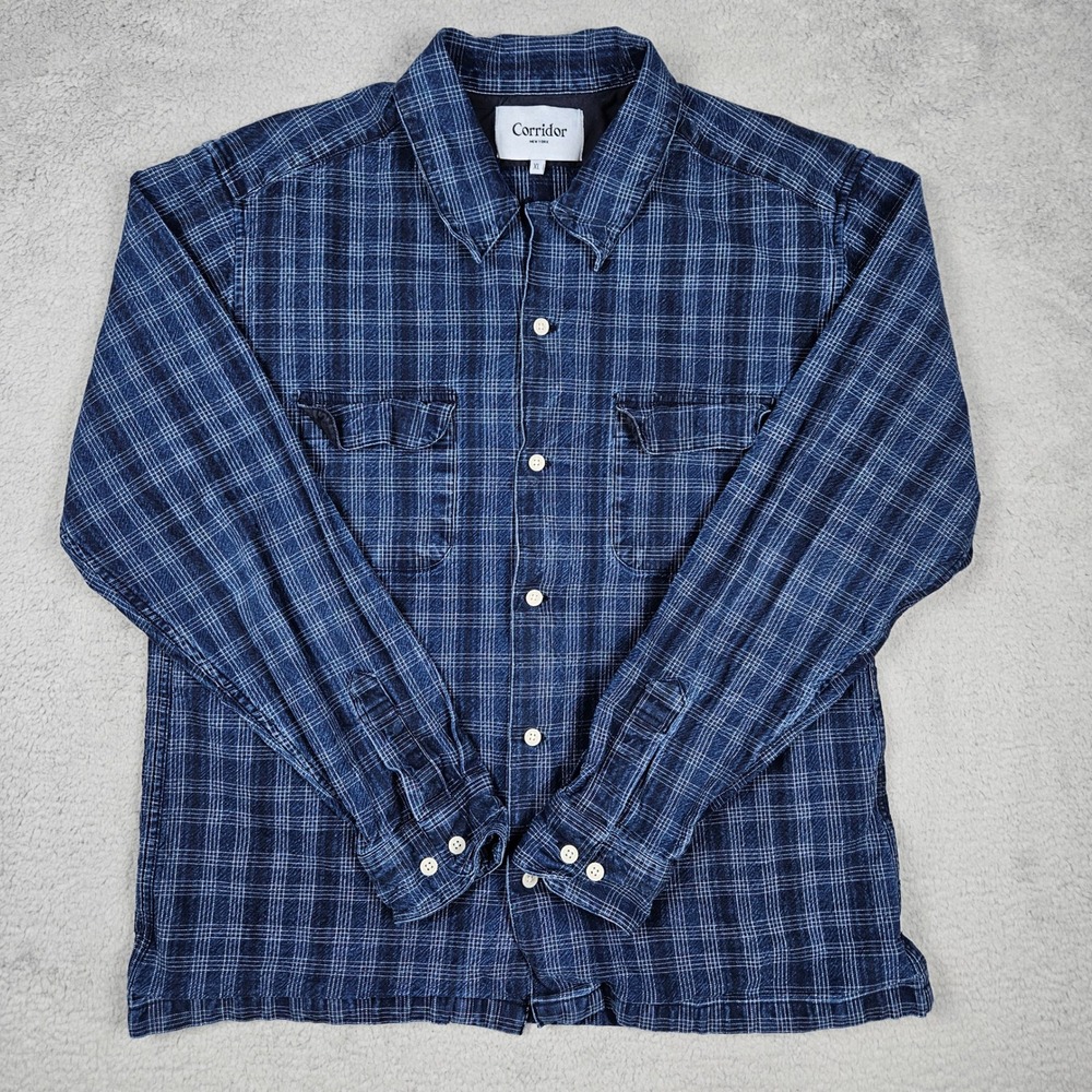 Corridor NYC (Men's XL) Blue Button Up Shirt Plaid Indigo Long Sleeve Flannel‎